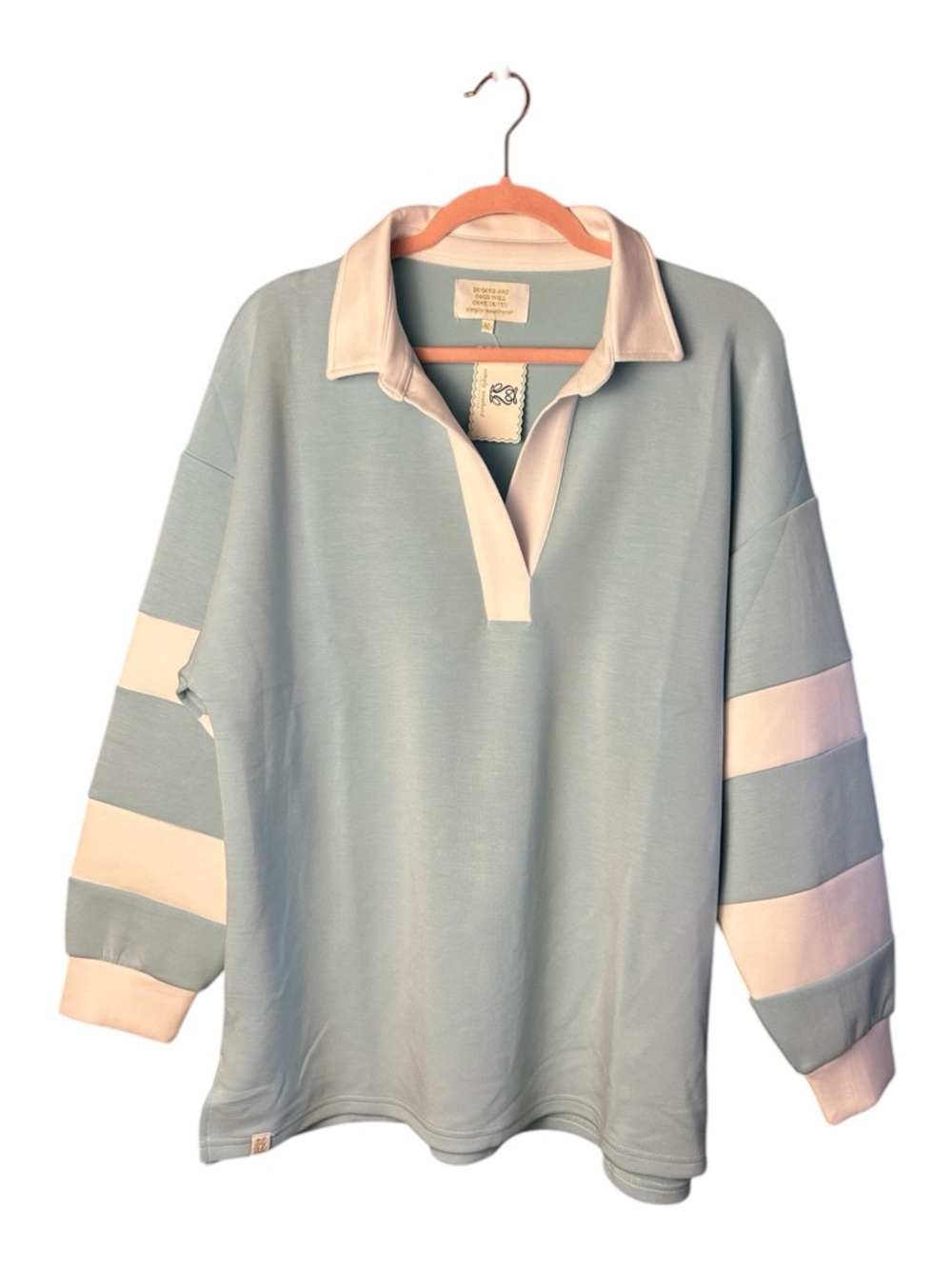 Simply Southern Pastel Blue Rugby Pullover with White Accents size medium - Picture 2 of 9